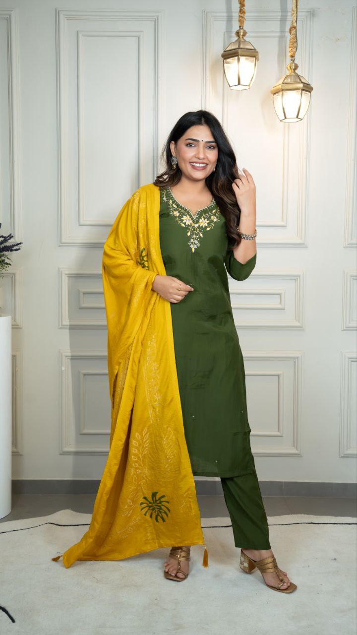 Lorenvalley Fashion Mahendi Roman Silk Hand Work Kurta Pant with Dupatta - Swadesiicart