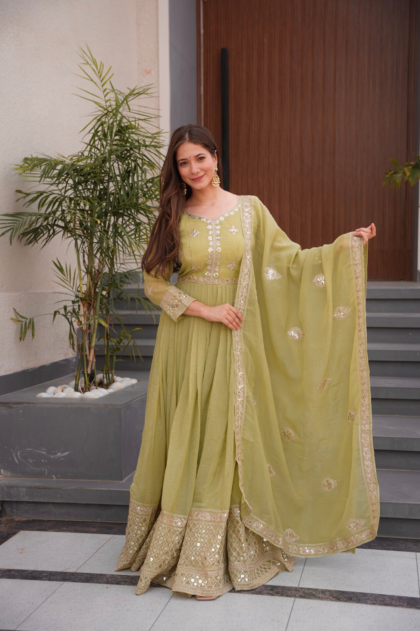 Lorenvalley Fashion Mehendi Crunchy Silk with Embroidery Codding & Sequins Work Anarkali Gown with Dupatta | Swadesiicart