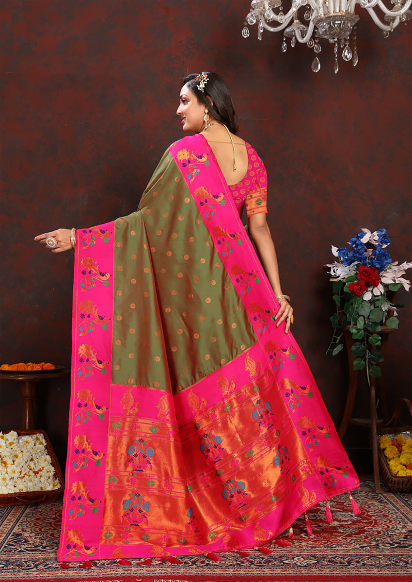 Lorenvalley Fashion Mahendi Soft Paithani Silk Woven Design Rich Zari Meenakari Weaving Saree - Swadesiicart