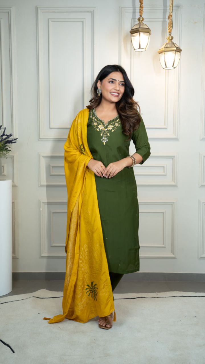 Lorenvalley Fashion Mahendi Roman Silk Hand Work Kurta Pant with Dupatta - Swadesiicart