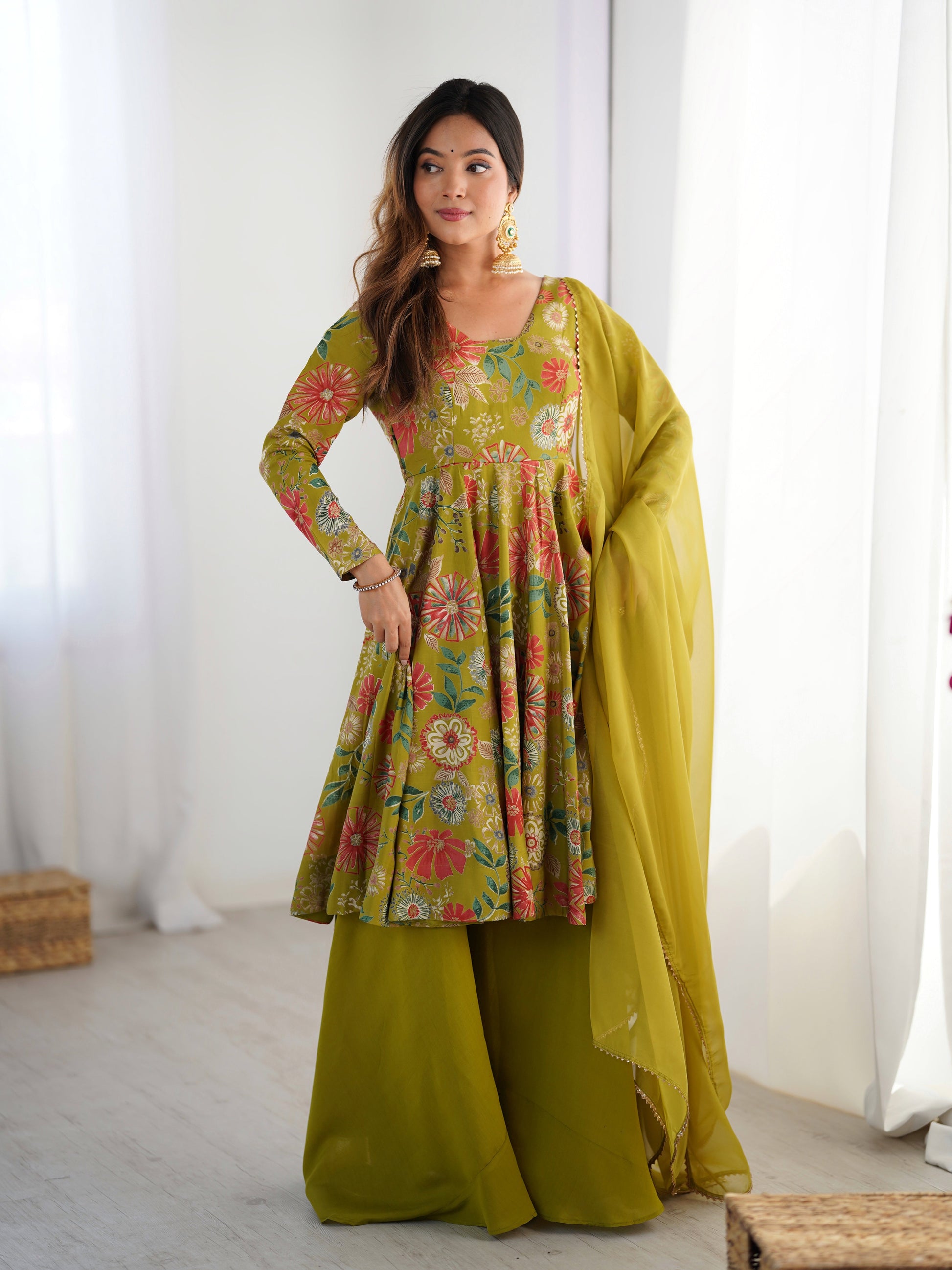 Lorenvalley Women Pure Soft Roman silk Chanderi Discharge Print Fabric Kediya Kurta Palazzo with Dupatta Set | Swadesiicart