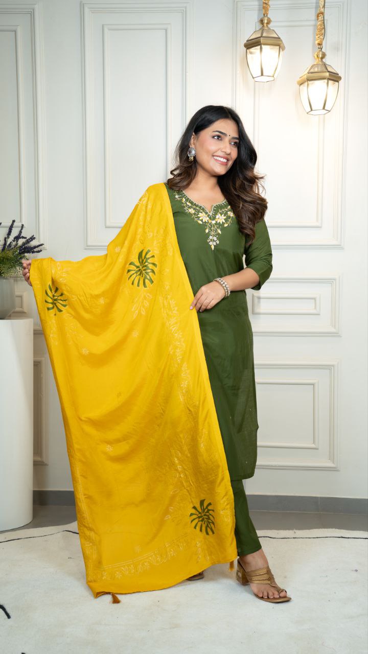 Lorenvalley Fashion Mahendi Roman Silk Hand Work Kurta Pant with Dupatta - Swadesiicart
