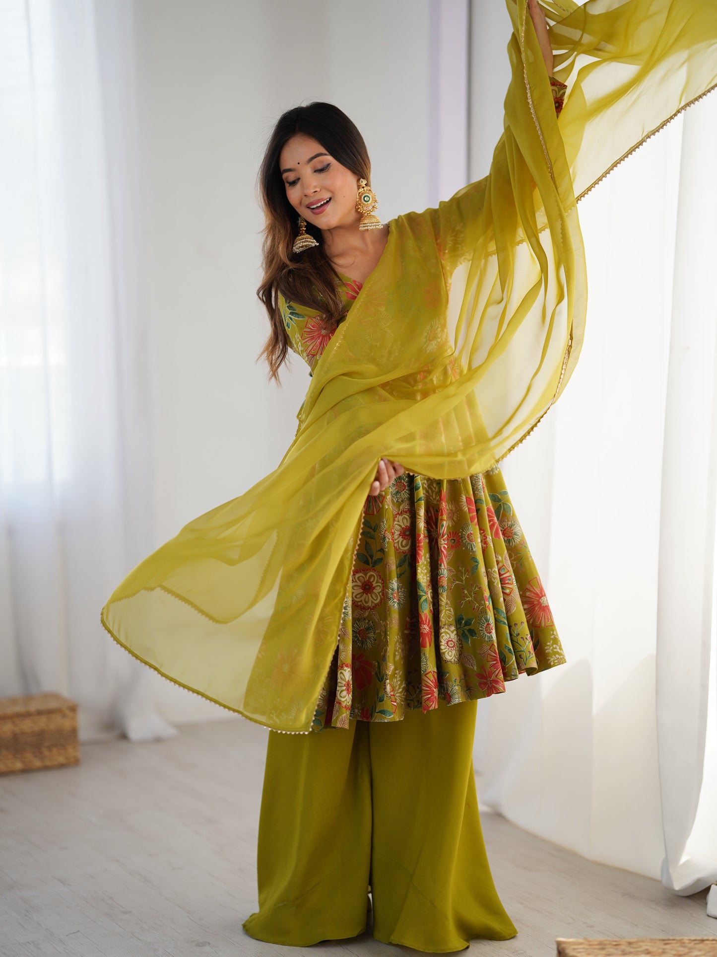 Lorenvalley Women Pure Soft Roman silk Chanderi Discharge Print Fabric Kediya Kurta Palazzo with Dupatta Set | Swadesiicart