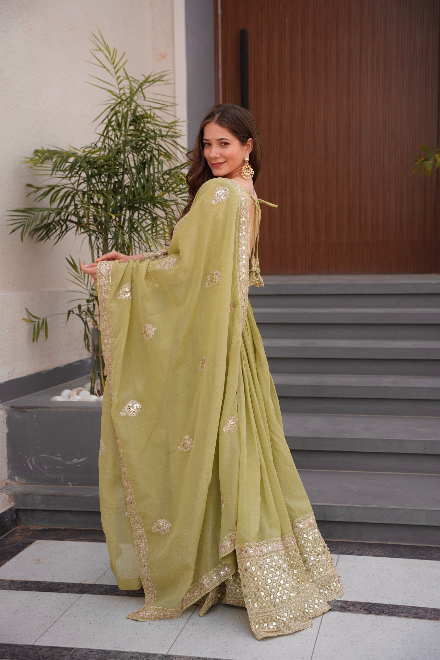 Lorenvalley Fashion Mehendi Crunchy Silk with Embroidery Codding & Sequins Work Anarkali Gown with Dupatta | Swadesiicart