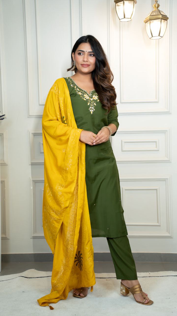 Lorenvalley Fashion Mahendi Roman Silk Hand Work Kurta Pant with Dupatta - Swadesiicart