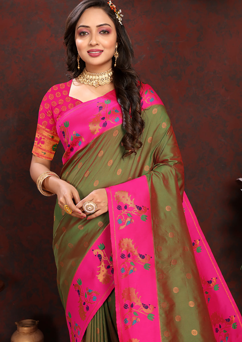 Lorenvalley Fashion Mahendi Soft Paithani Silk Woven Design Rich Zari Meenakari Weaving Saree - Swadesiicart