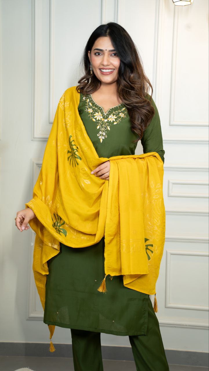 Lorenvalley Fashion Mahendi Roman Silk Hand Work Kurta Pant with Dupatta - Swadesiicart