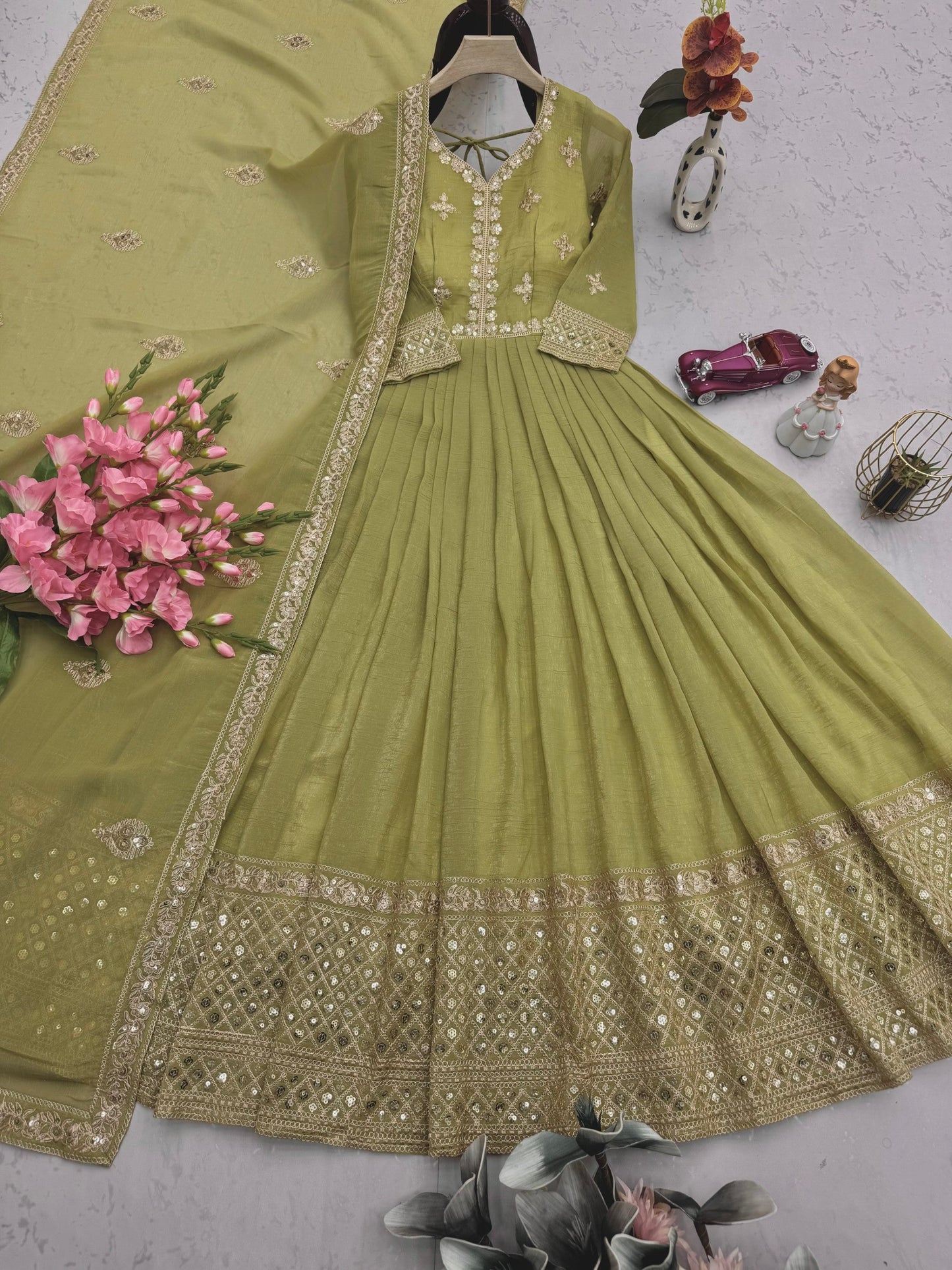 Lorenvalley Fashion Mehendi Crunchy Silk with Embroidery Codding & Sequins Work Anarkali Gown with Dupatta | Swadesiicart