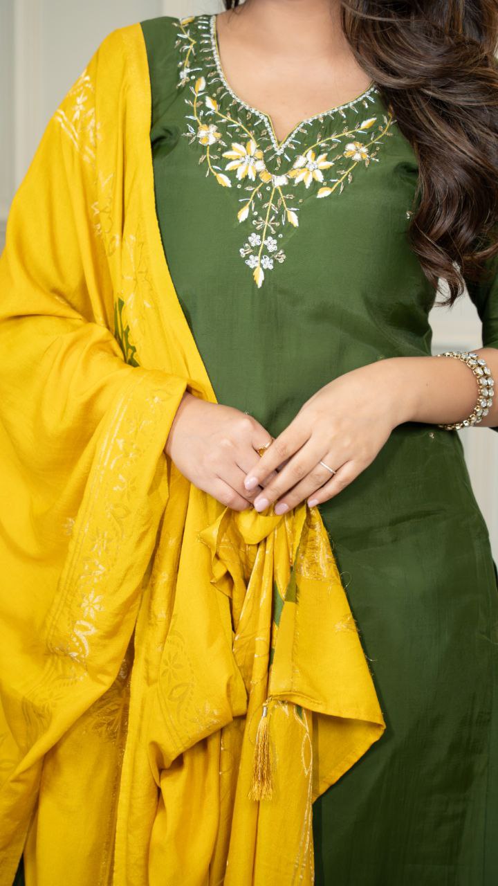 Lorenvalley Fashion Mahendi Roman Silk Hand Work Kurta Pant with Dupatta - Swadesiicart