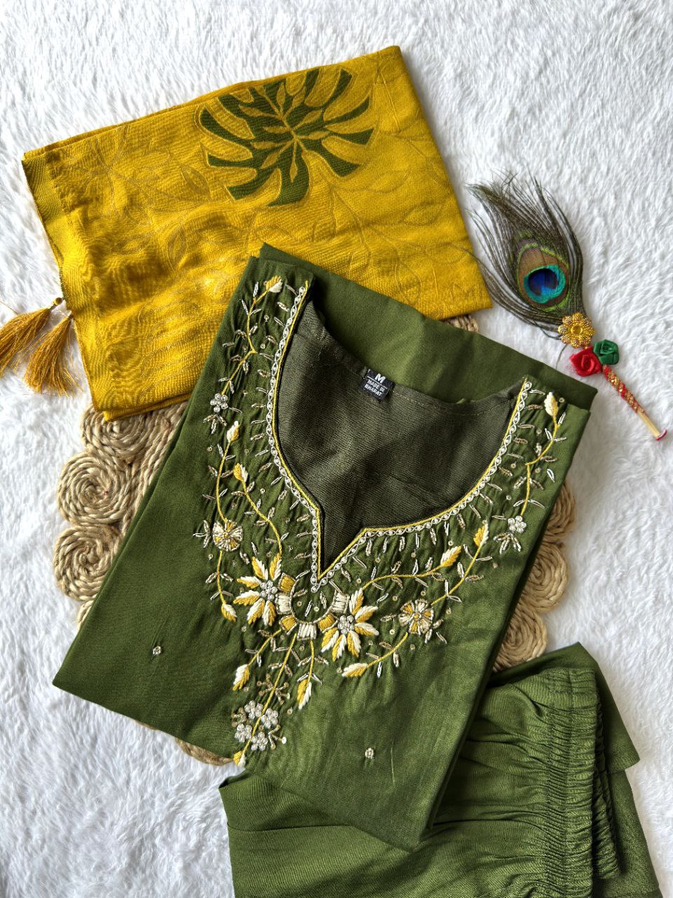 Lorenvalley Fashion Mahendi Roman Silk Hand Work Kurta Pant with Dupatta - Swadesiicart