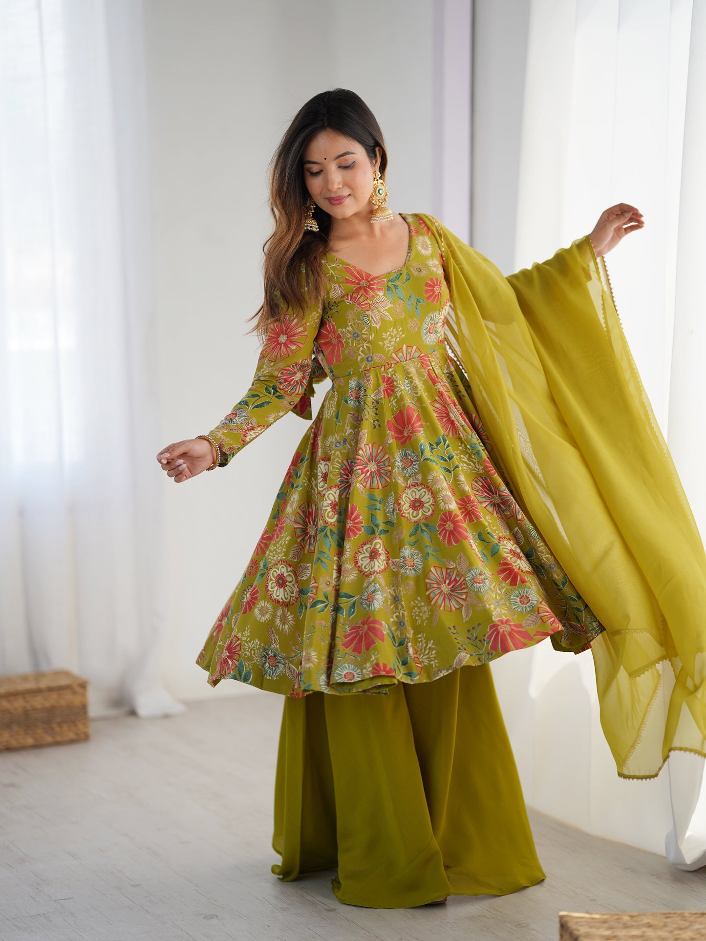 Lorenvalley Women Pure Soft Roman silk Chanderi Discharge Print Fabric Kediya Kurta Palazzo with Dupatta Set | Swadesiicart
