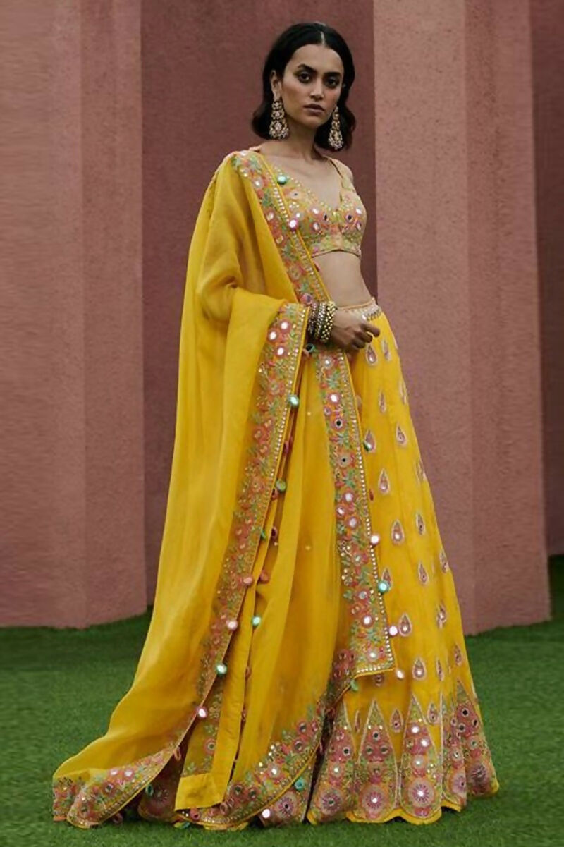 Jyoti Fashion Yellow Thread with Mirror Embroidery Georgette Lehenga Choli with Dupatta | Swadesiicart