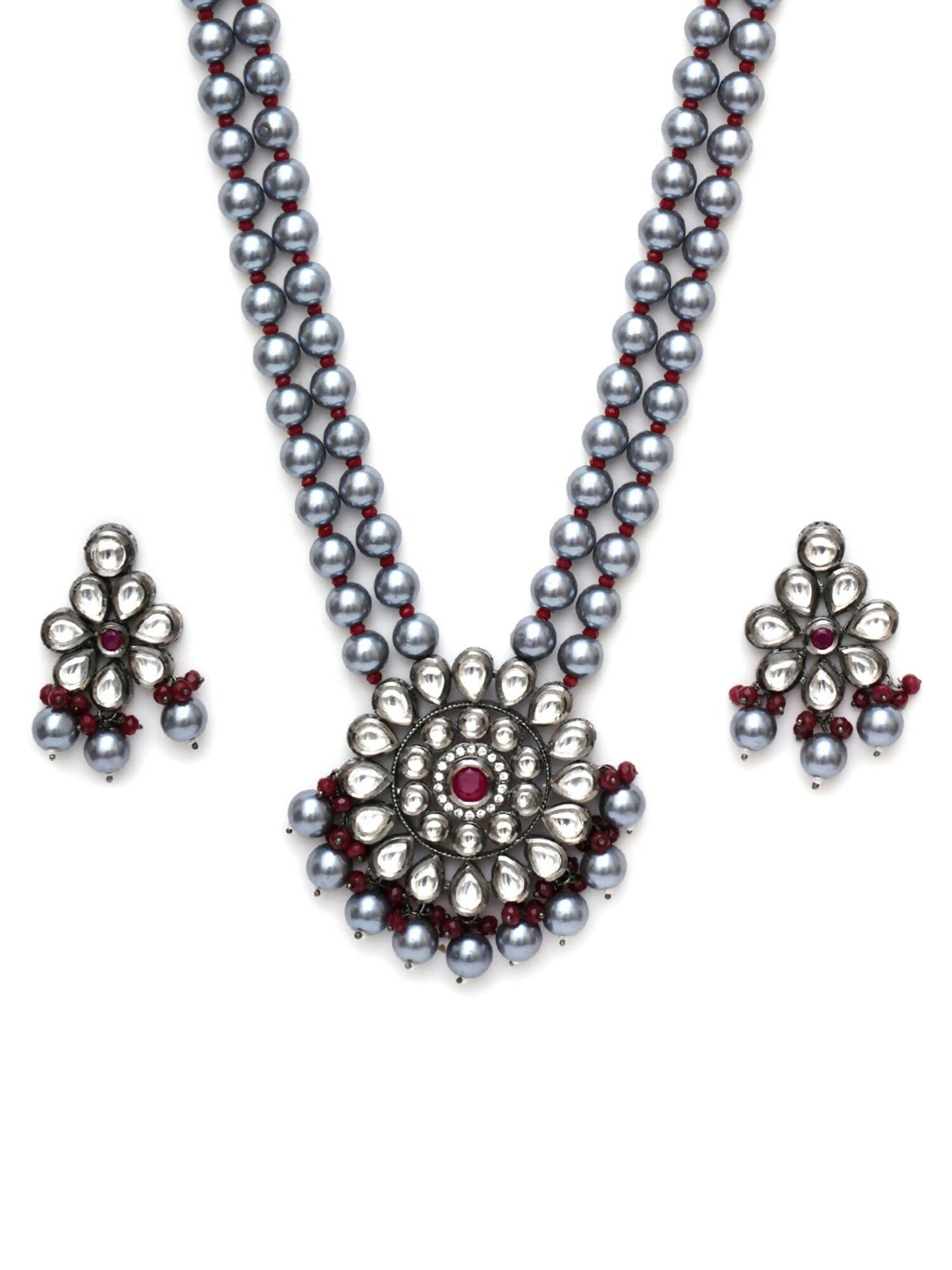 Long Kundan Neckpiece with Earrings with Multi Stones Jewellery Set (Grey) - Ruby Raang - Swadesiicart