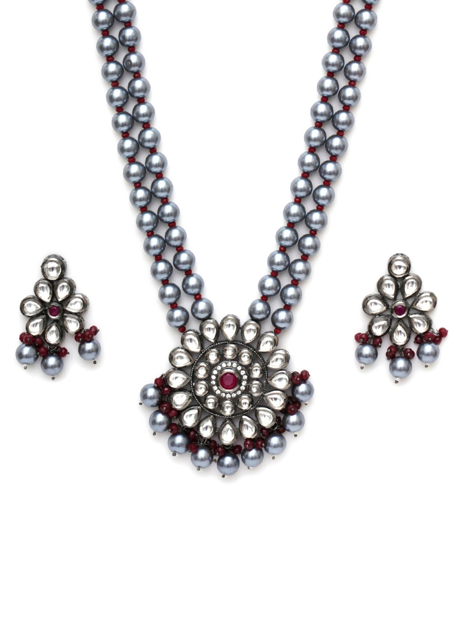 Long Kundan Neckpiece with Earrings with Multi Stones Jewellery Set (Grey) - Ruby Raang - Swadesiicart