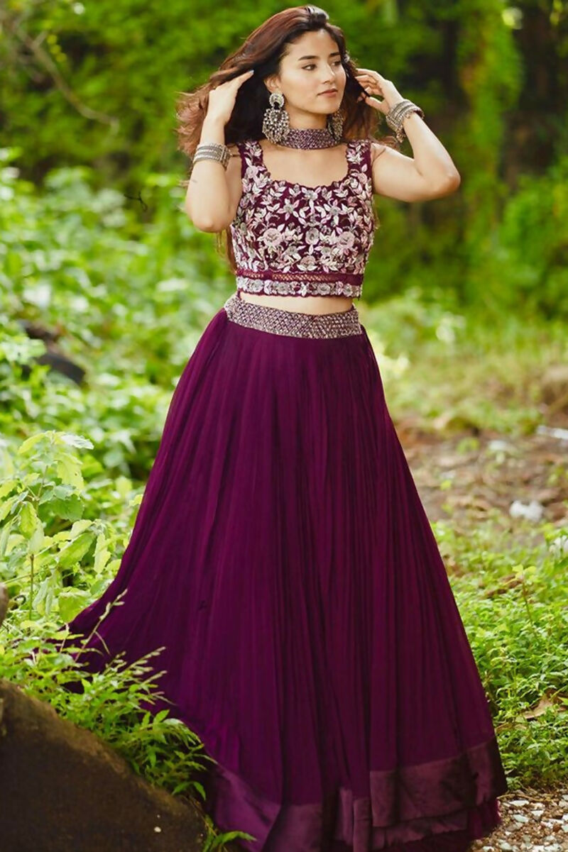 Jyoti Fashion Wine Crush Georgette Designer Lehenga Choli with Dupatta | Swadesiicart