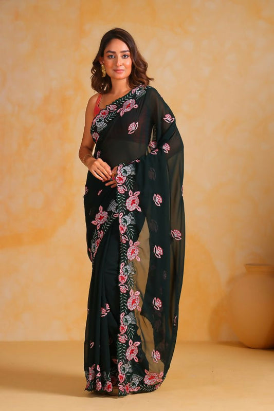 Vamsee Annie Dark Green Georgette Silk Saree - Swadesiicart