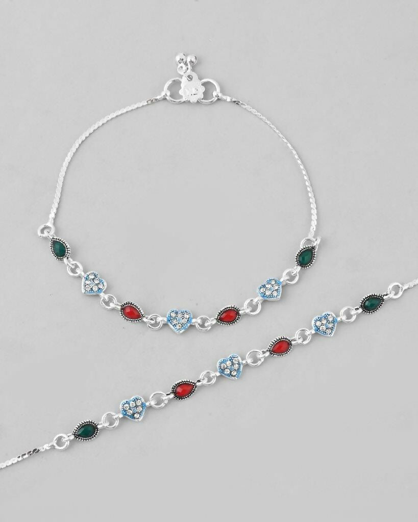 VOJ Set of 2 Silver Plated Heart Shaped Stone Studded Anklet - Swadesiicart