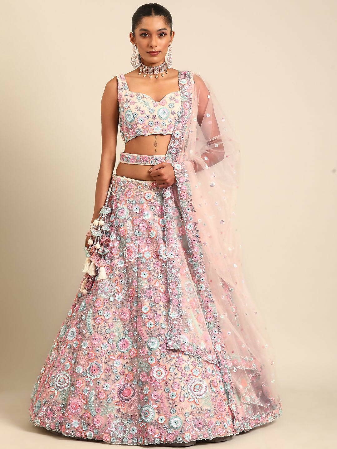 House of Panchhi Cream Net Sequins, Mirror and thread embroidery Lehenga choli & Dupatta | Swadesiicart