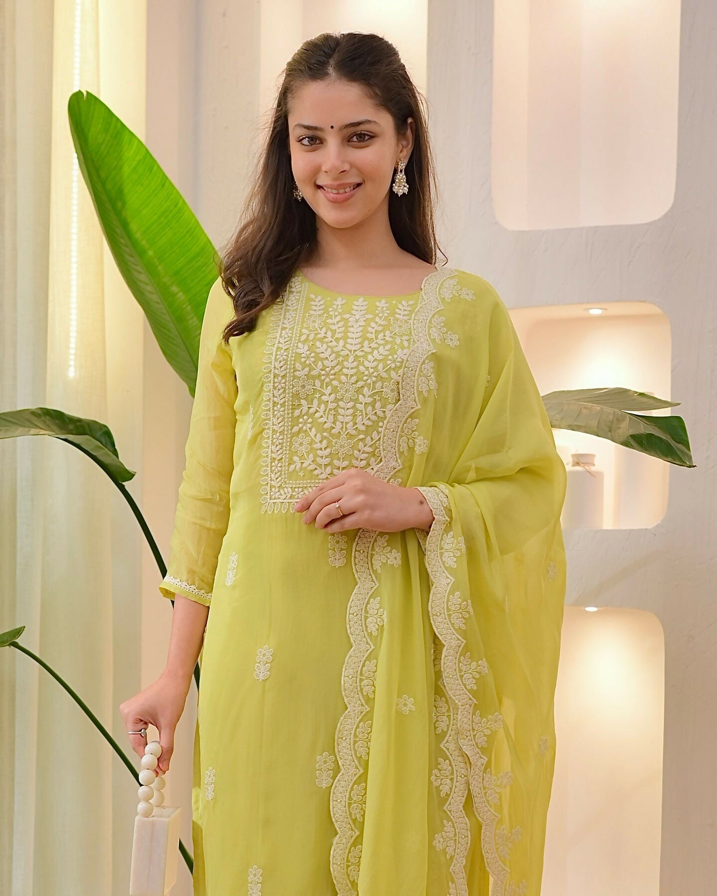 The52 Lemons Women's Beautiful Chikankari Work Chanderi Fabric Straight Kurta Pant and Dupatta Set - Swadesiicart