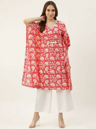 FIORRA Women's Printed Pure Cotton Kaftan Kurta - Red - Swadesiicart