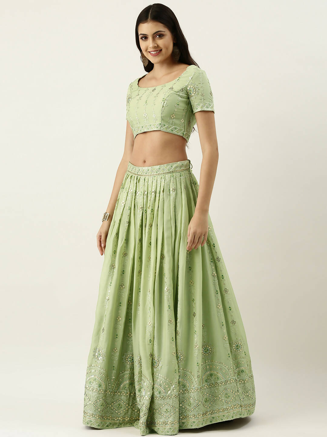 House of Panchhi Pista Green Pure Georgette Embroidered Lehenga & Blouse, Dupatta | Swadesiicart