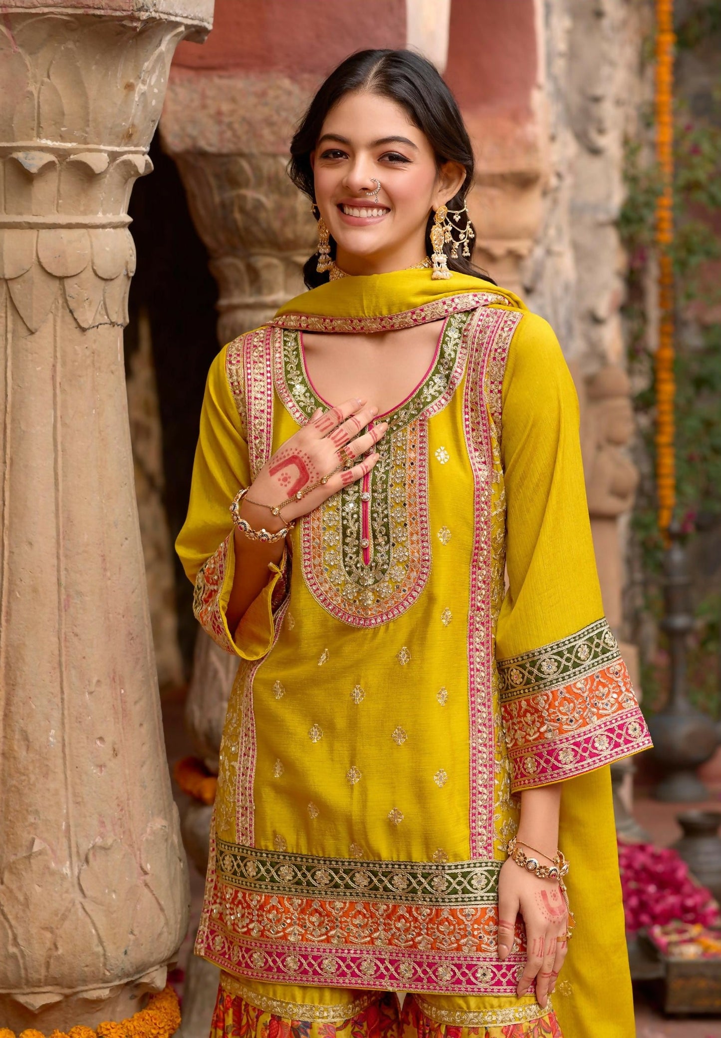 Anaita Yellow Chinon Readymade Palazzo Suit with Codding Dori & Sequence Work