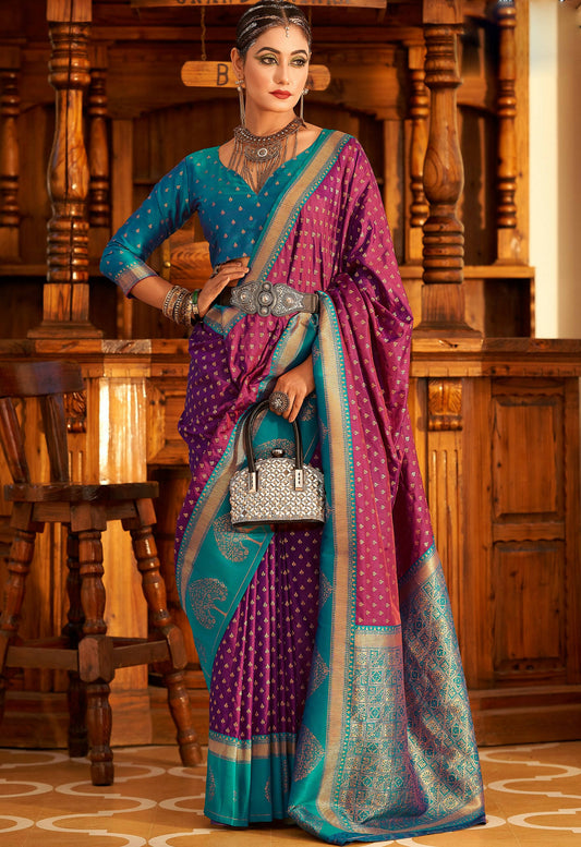 Purple Soft Banarasi Paithani Copper Zari Weaving Saree With Unstitched Blouse Piece - Jodha | Swadesiicart