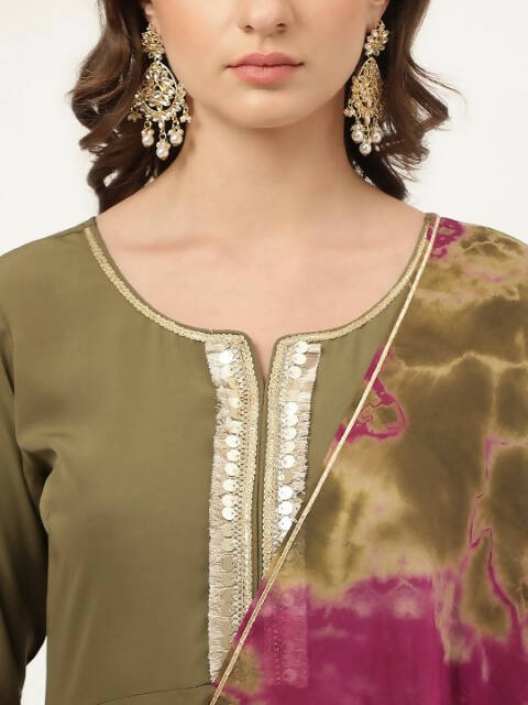 FIORRA Women's Olive Poly Crepe A-Line Kurta Pant With Dupatta - Swadesiicart