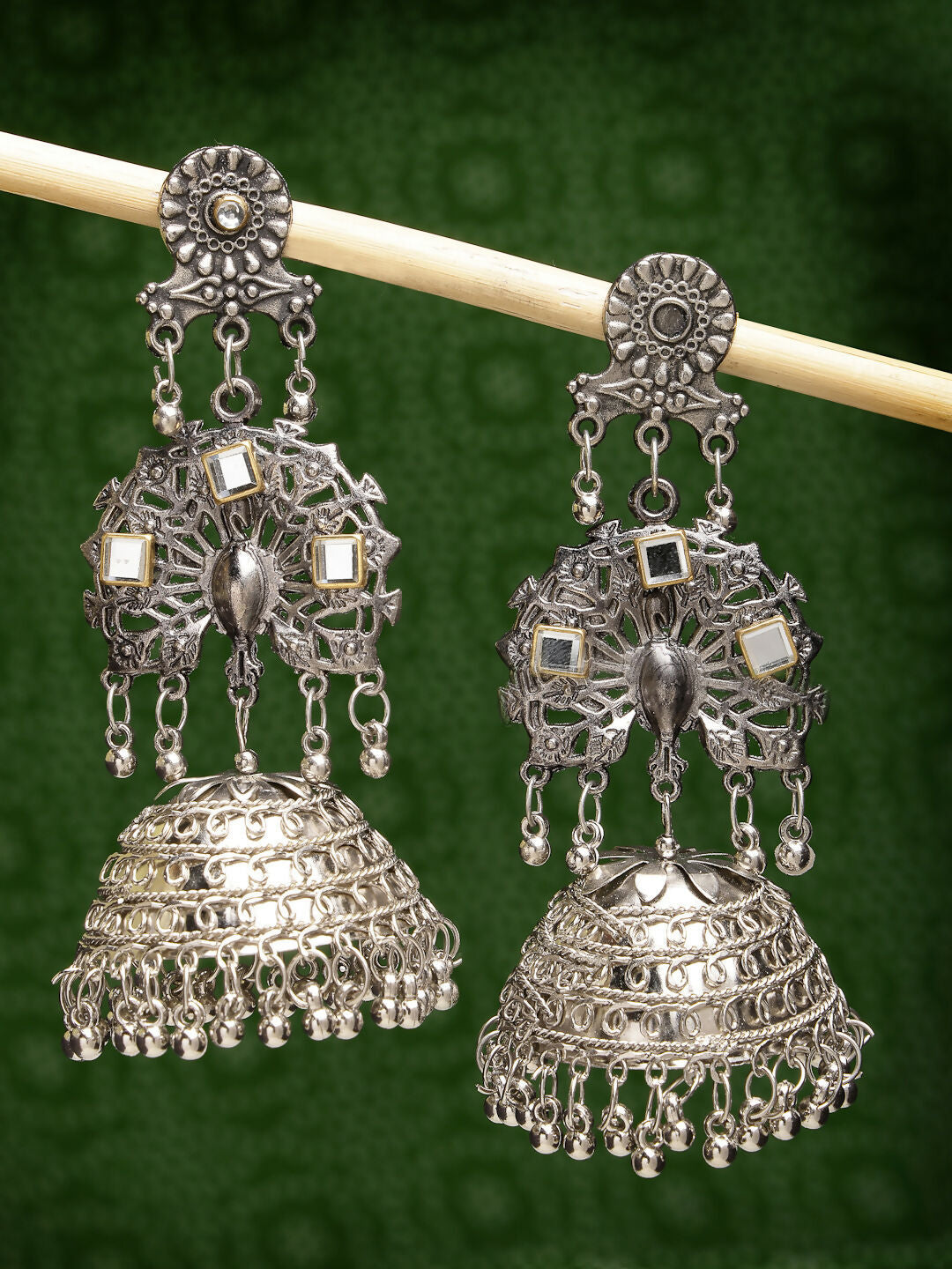 NVR Women's Silver Plated Mirror Work Oxidised Contemporary Jhumka Earrings | Swadesiicart