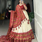 Lorenvalley Offwhite and Red Tussar Silk Patola Print Lehenga Choli | Swadesiicart