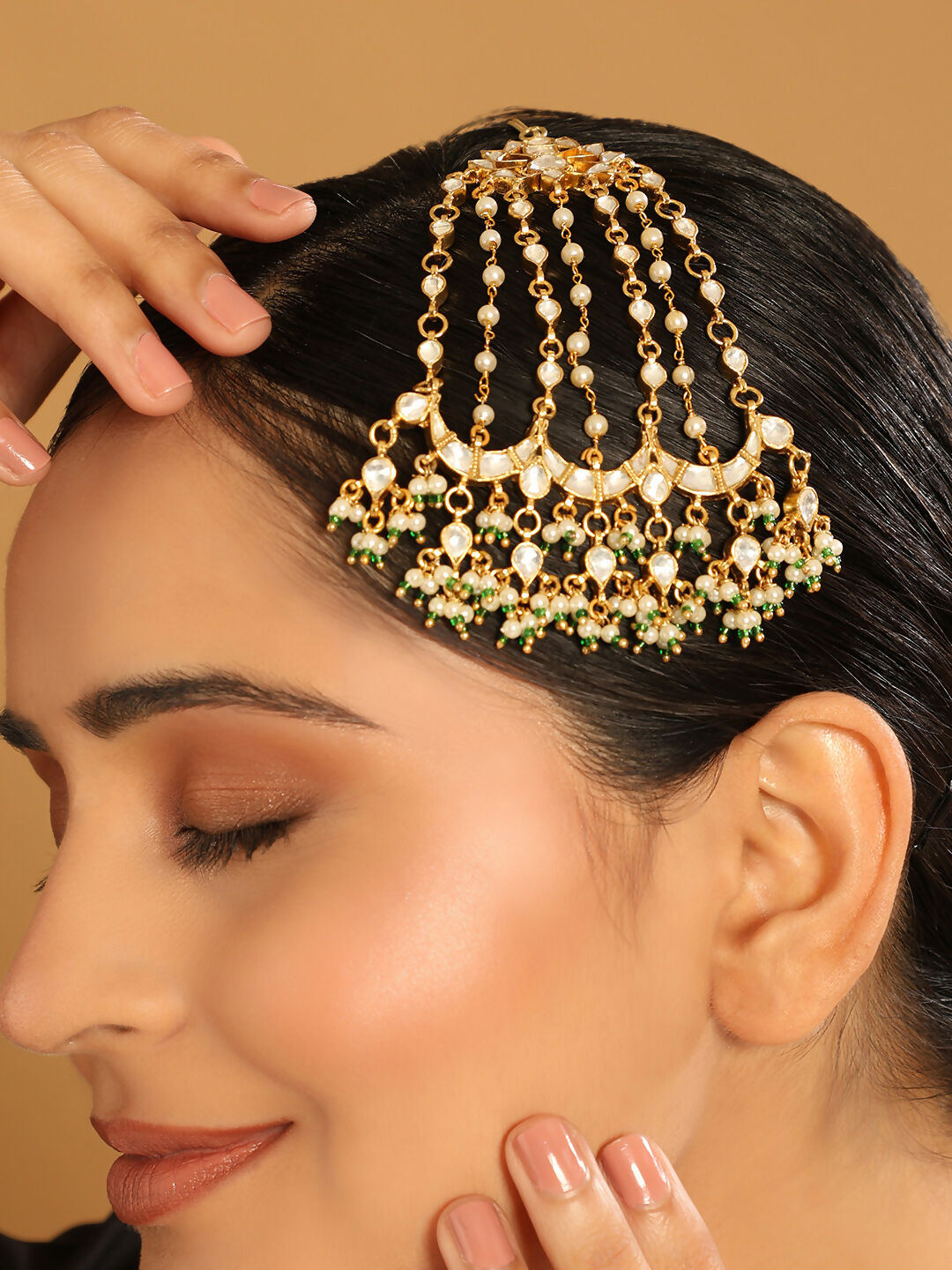 Nuyug 22K Gold-Plated Kundan Studded Jhumar Paasa Statement Head Jewellery | Swadesiicart