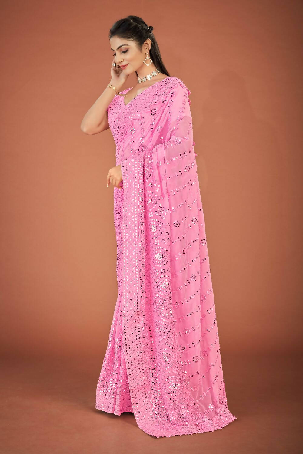 Vamsee Pink Georgette Designer Saree - Swadesiicart
