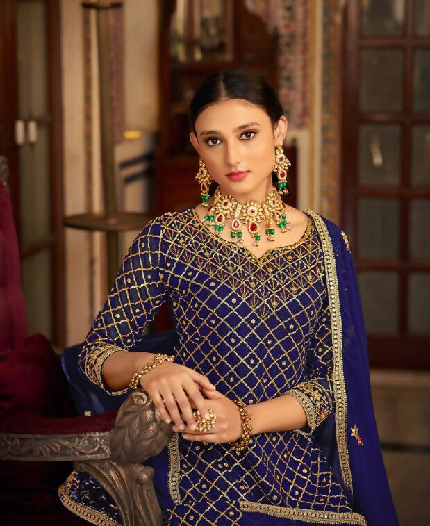 Blue Heavy Chinon Semi Stitched Kurta with Bottom & Dupatta - Dhvani