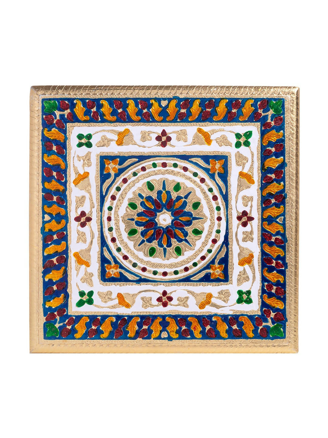 Golden Peacock Gold-Toned & Red Handcrafted Meenakari Wooden Chowki | Swadesiicart