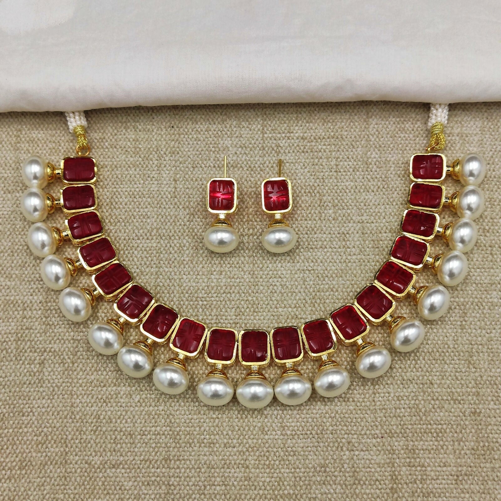 Red Stone Necklace With Pearls By House of Ree | Swadesiicart