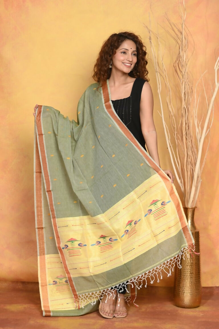 Very Much Indian Handloom Pure Cotton Paithani Dupatta - Green | Swadesiicart