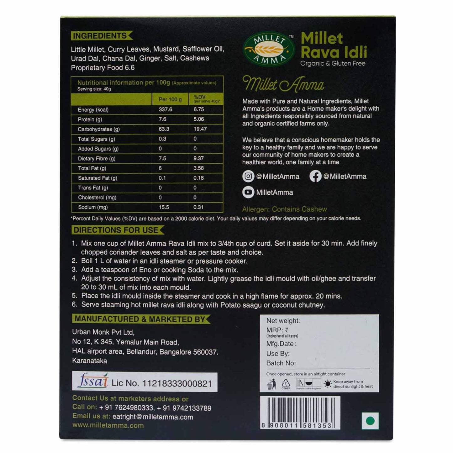 Millet Amma Millet Rava Idli Mix - Swadesiicart