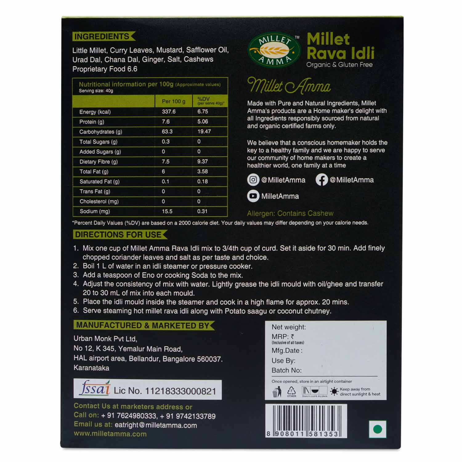 Millet Amma Millet Rava Idli Mix - Swadesiicart