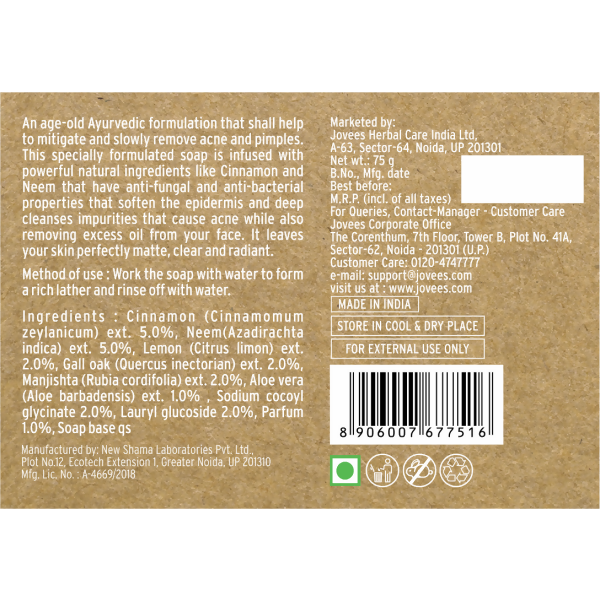 Jovees Cinnamon & Neem Anti Acne Face Bar Soap - Swadesiicart