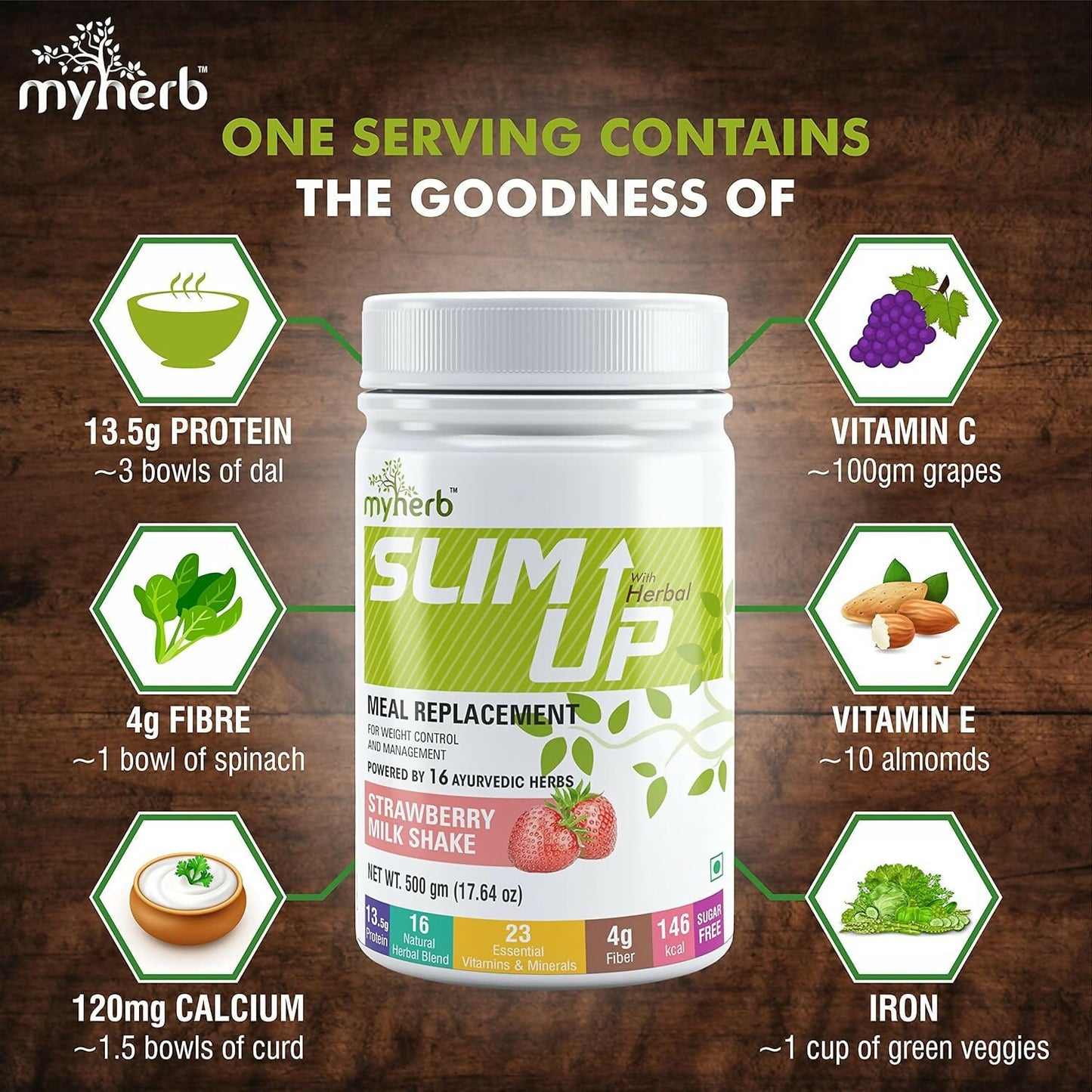 Myherb Slim Up Meal Replacement Shake With 16 Natural Herbal Blend For Men & Women - Strawberry Milk Shake - Swadesiicart