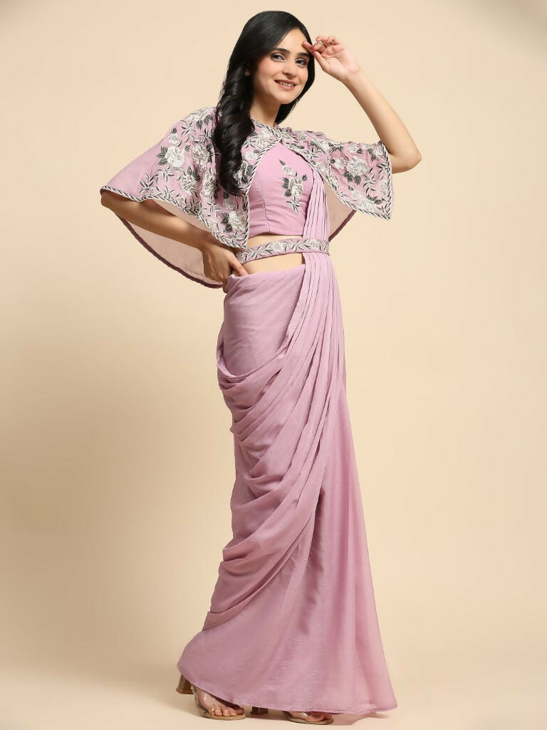 Pink Chiffon Solid Ready to wear Saree with stitched Blouse - Aayan | Swadesiicart