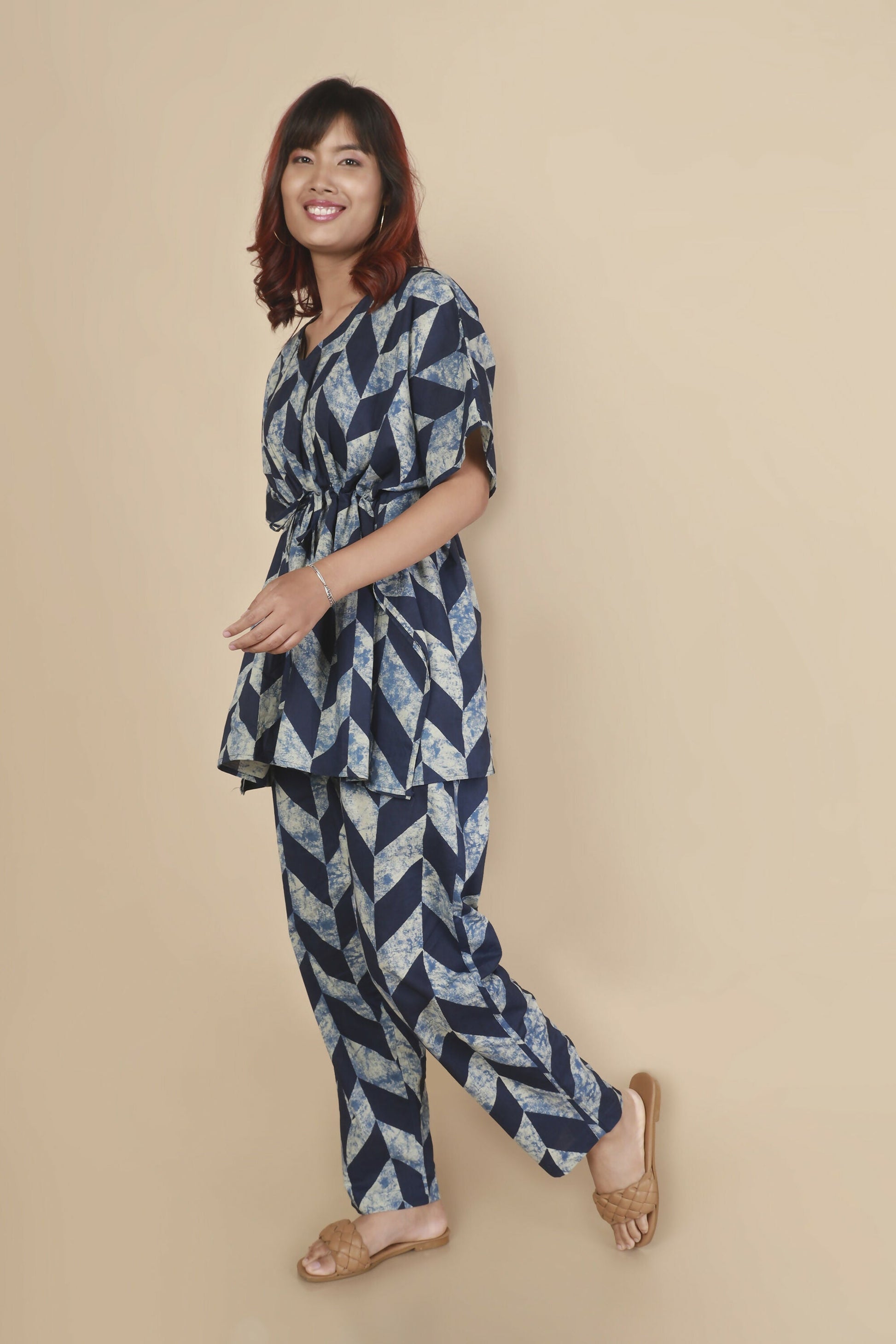 Breathables Women’S Loungewear Kaftan Cotton Blue Geometric Print Co-Ord Set