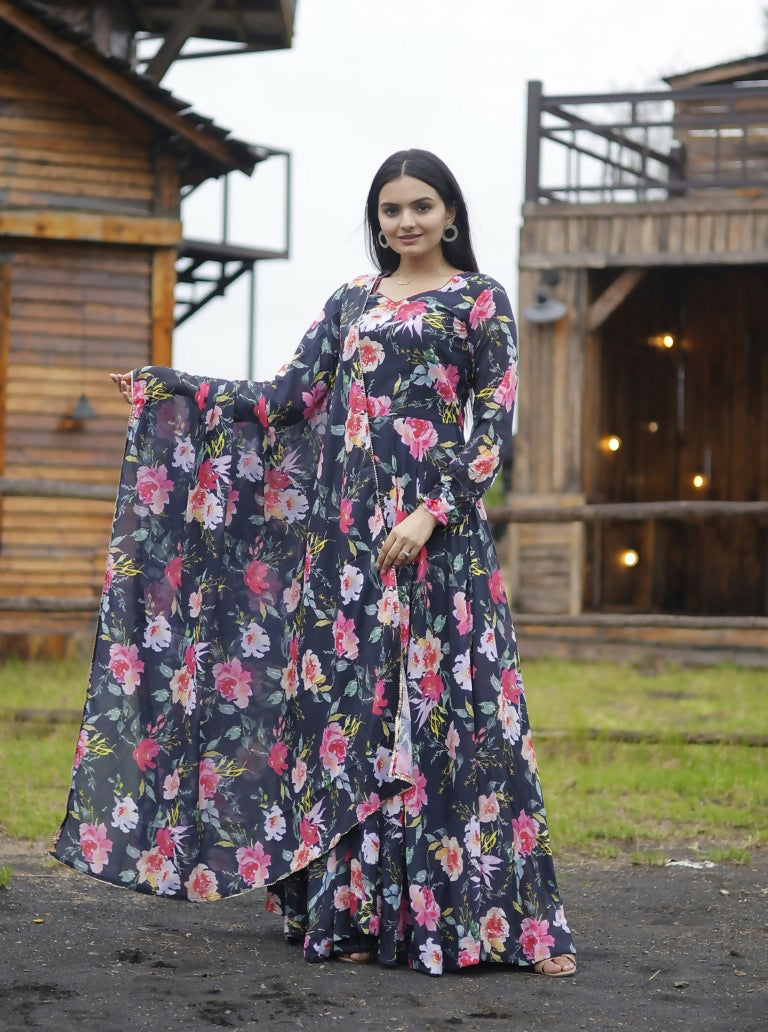 Jyoti Fashion Women's Black Faux Georgette Floral Digital Printed Anarkali Dress with Dupatta | Swadesiicart