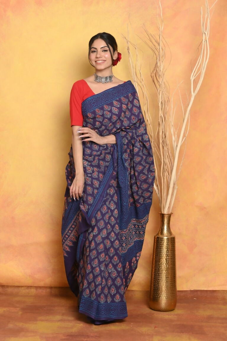 Very Much Indian Handblock Printed Cotton Saree With Natural Dyes - Blue | Swadesiicart