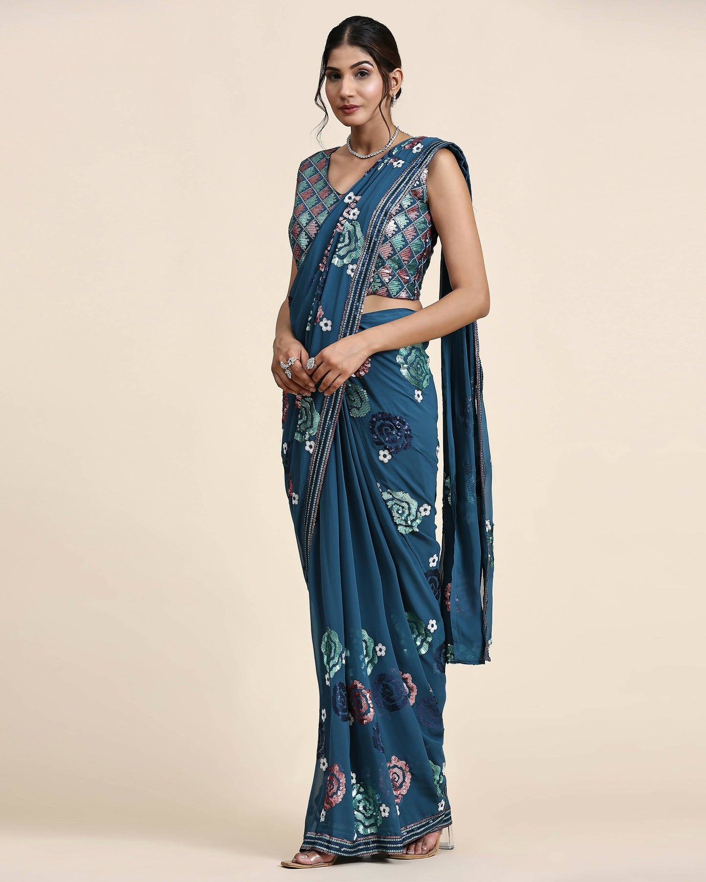 Blue Pure Georgette Sequence work Ready to wear Saree with stitched Blouse - Nirvana | Swadesiicart