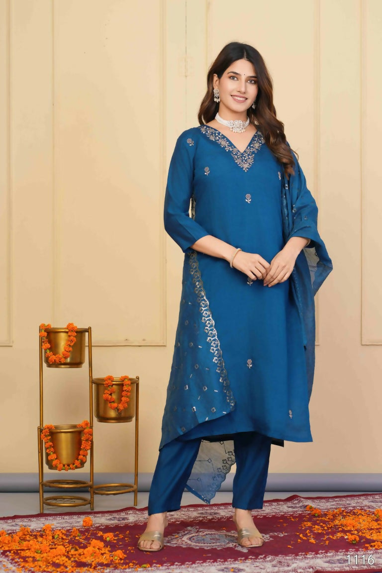 Rama Viscose Chanderi Embroidered Stitched Suit With Dupatta - Tanisha | Swadesiicart