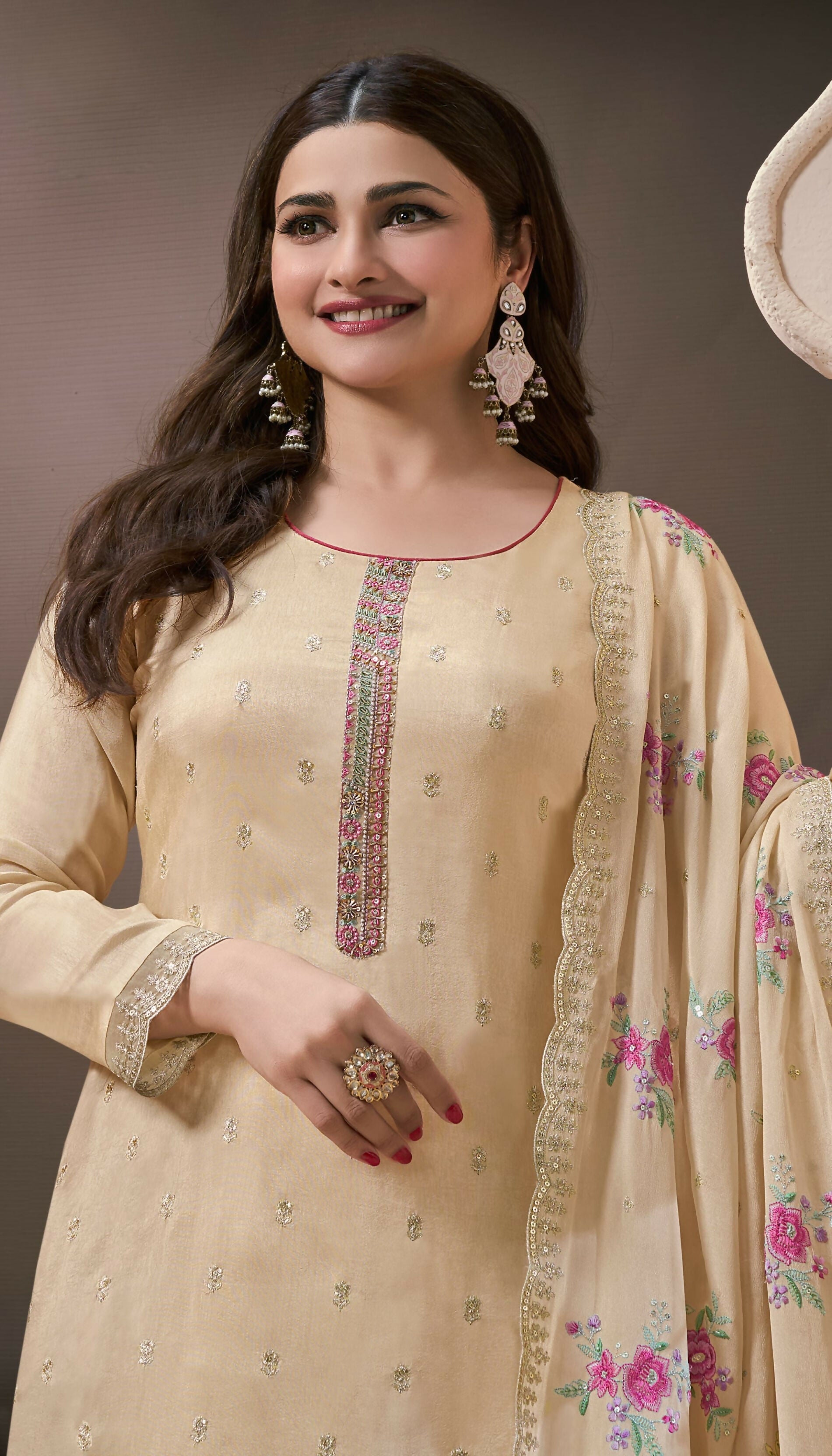 Anaita Cream Silk Embroidered Stitched Salwar Suit