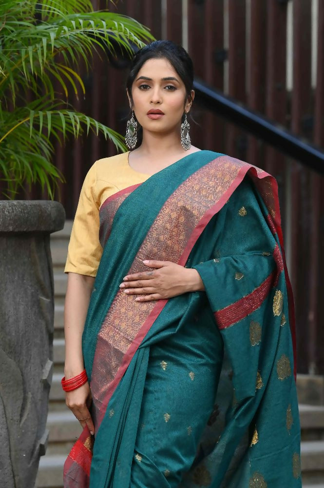 Beatitude Green Cotton Banarasi Saree | Swadesiicart