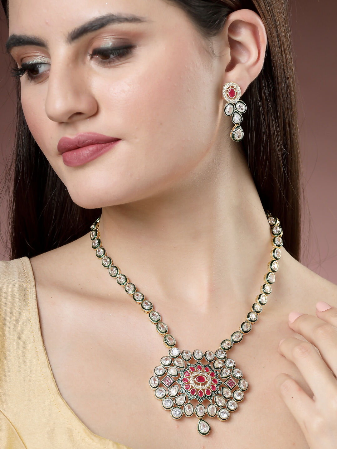 NVR Women's Red & Gold Kundan Studded Handcrafted Jewellery Set - NR Retail-NVR