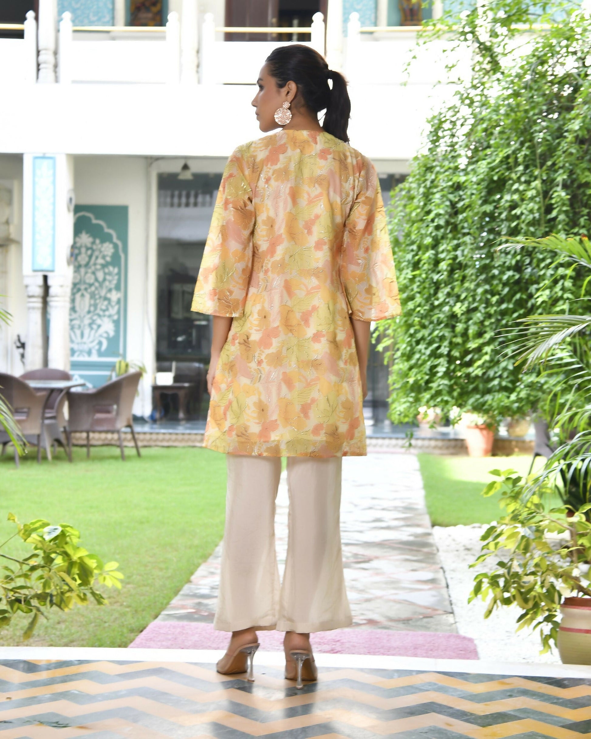 Vaasva Women's Lemon Yellow Organza Digital Printed Cord Set - Swadesiicart